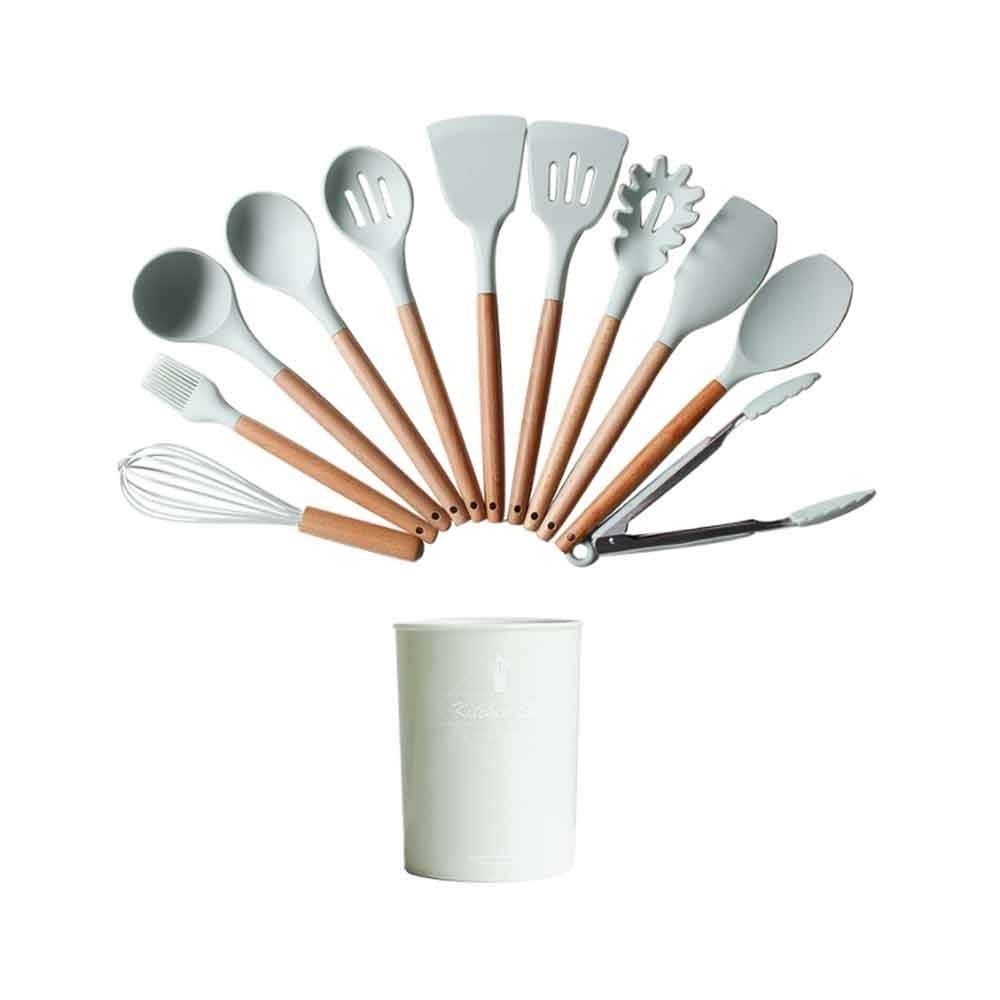11PCS Utensili da Cucina in Silicone Set Spatola Antiaderente Pala Manico in Legno Set di Strumenti da Cucina con Scatola di immagazzinaggio Utensili da Cucina