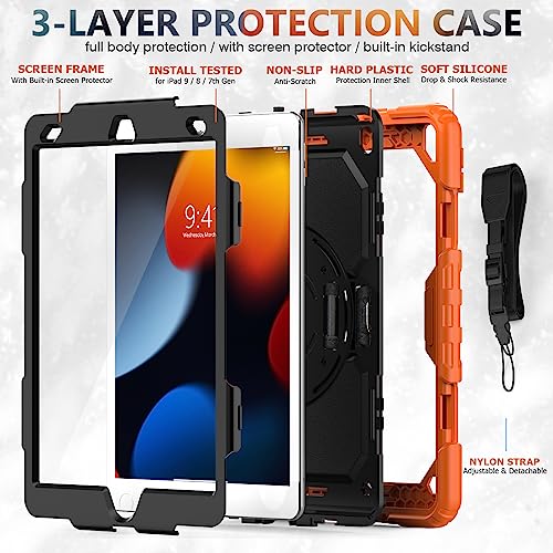 SIBEITU Case Compatible with iPad 9th/8th/7th Generation with Screen Protector Pen Holder, iPad Case 10.2 Inch, Heavy Duty Protection Cover W/Stand Hand Shoulder Strap for iPad A2602 A2197