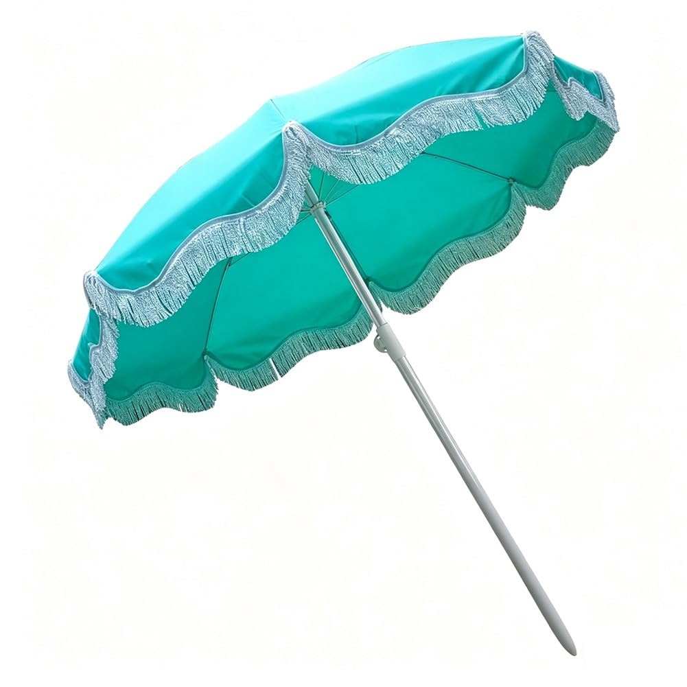 Parasol plażowy z frędzlami 200 cm, przenośny parasol ogrodowy z składany, uchylnym i regulowana wysokość, UPF 50+, wodoodporny