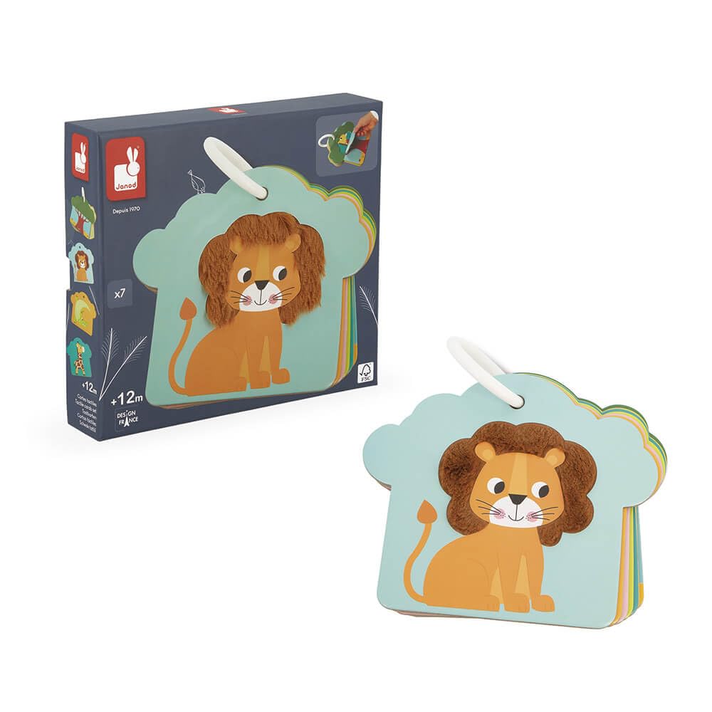 Janod - ‘Savanna’ Sensory Flashcards - 7 Cards Connected via a Ring - Early-Learning Toy - Educational Game: Sense of Touch and Motor Skills - FSC-Certified - 1 Year + - J02694