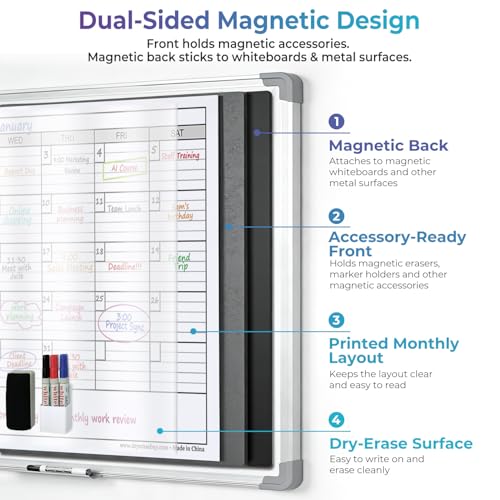 Image of Extra Large Magnetic Dry Erase Calendar for Wall, 25 inch x 38 inch Jumbo Monthly Whiteboard Calendar, Double-Sided Magnetic One Month Planner with Big Blocks, Reusable Wall Calendar for Office & Family