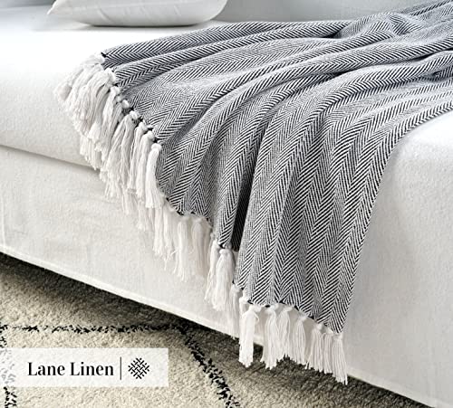 Lane Linen Super Soft Throw Blanket For Couch & Bed - Classic Herringbone Weave With Tassel - 100% Self-Softening Cotton - Lightweight Breathable Durable Cozy Warm Blanket – Pack Of 2 – 50”X70”, Grey #TOP3