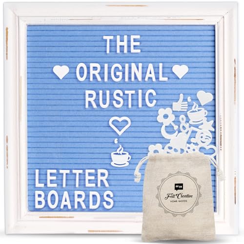 Blue Felt Letter Board Baby Announcement Sign with Rustic Wood White Frame - Rustic Farmhouse Letter Board Sign with Stand - 10x10 Felt Board Changeable Message Board with 350 Letter Set