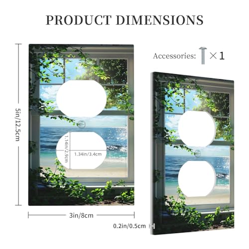 Decorative Outlet Covers Window Beach Seascape View Green Leaves 1 Gang Duplex Light Switch Cover Plate Wall Plates for Electrical Outlets Switchplate Faceplate for Bedroom Home Decor