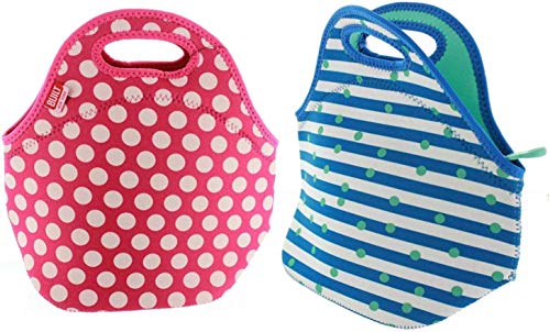 BUILT NY Gourmet Getaway Neoprene Lunch Tote with Zipper, 2 Pack (Stripe Dot Mint/Pink Dots)