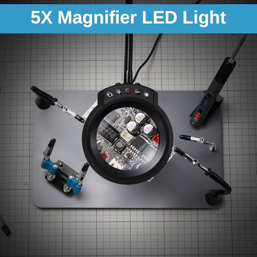 Image of SainSmart Soldering Station 6 Flexible Helping Hands 5X Magnifying Lamp with 5 Color 10 Brightness Level Magnetic Soldering Iron Stand & Heavy Duty Base