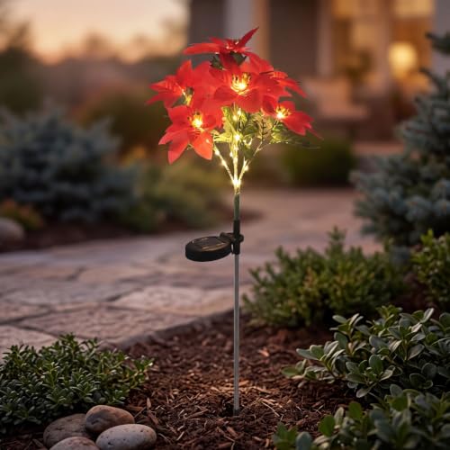 Lovskoo Solar Lights Outdoor Red Poinsettia Solar Christmas Garden Lights | Solar Christmas Pathway Stake Lights, Waterproof Outdoor Decorations for Pathway Yard Garden Christmas Decor - image 5
