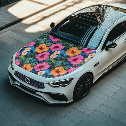 Image of Colorful Hibiscus Flowers Leaves Car Hood Cover, Car Bonnet Banner, Universal Fit, Elastic Polyester, Stretchable, Waterproof Automotive Hood Covers,Car Accessories