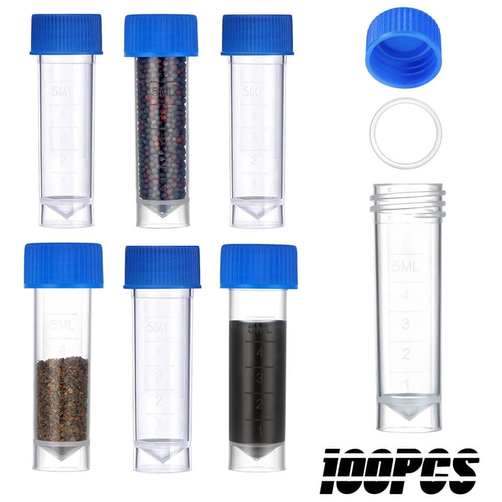 100 viales pequeños de plástico de 5 ml con tapas de rosca, tubos de muestra criotubos, material de polipropileno, libre de ADNasa, ARNasa, ADN humano..