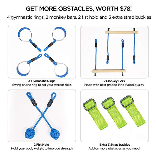 Flybold Obstacle Course For Kids | Ninja Warrior Slackline Kit With 8 Adjustable Obstacles | Twin Gear Ratchet For Extra Safety | Great Slack Line Training Equipment | 40 Ft #TOP3