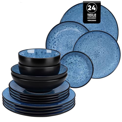 Tafelservice 6 Personen, vancasso BUBBLE Geschirrset 6 Personen aus Steingut, 24-tlg modernes Geschirr Set blau, mit Teller Set und Schalen Set, mikrowellenfest