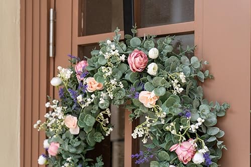 Avoeco Künstlicher Kranz Ø56 cm für Haustür, grüner Türkranz für Frühling, Sommer und ganzjährige Dekoration, mit Blumen, ideal für Bauernhaus, Hochzeit und saisonale Deko (B Rose)