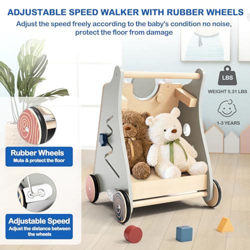 Detachable Baby Walker for Toddlers 1 Year Old Wooden Montessori Busy Board Adjustable Speed Push & Pull Walker Learning to Walk Activity Center Toy for Boys Girls 12 Months+ Baby Toys Birthday Gifts - Image 6