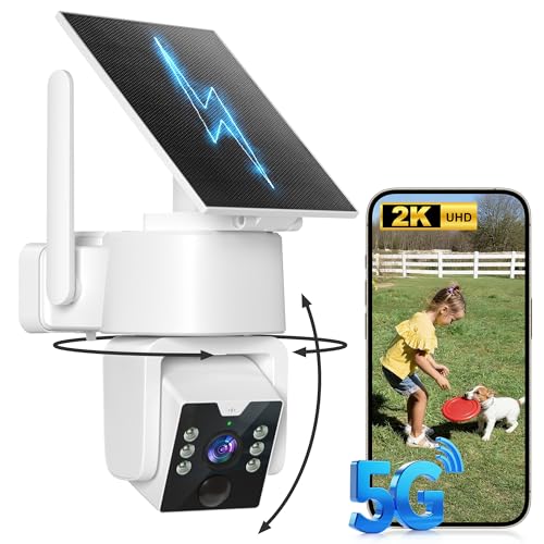 Solar Security Cameras Wireless Outdoor - 5G & 2.4G Wi-Fi Outdoor Camera, 2K 360° PTZ Camera, Solar/Battery Powered, PIR Human Detection, Color Night Vision, Alexa Compatible, Two-Way Voice Calling