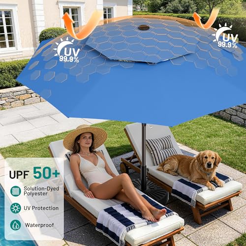 Image of AreShark 12ft 2 Tiers Patio Umbrella - Outdoor Umbrella Waterproof UV Protection, Market Table Umbrella w / 8 Sturdy Ribs&Crank for Pool, Porch, Garden(Royal Blue)