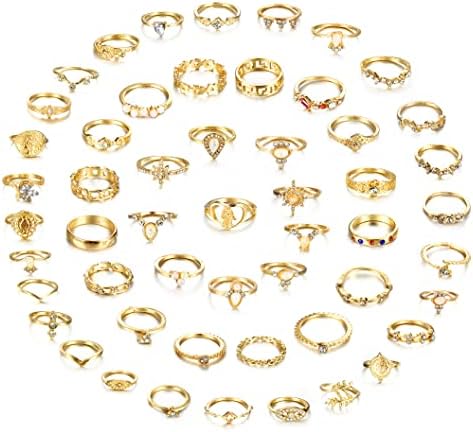 CASSIECA 53PCS Vintage Gold Knuckle Rings for Women Girls Stacking Finger Rhinestone Joint Ring Set Boho Jewellery