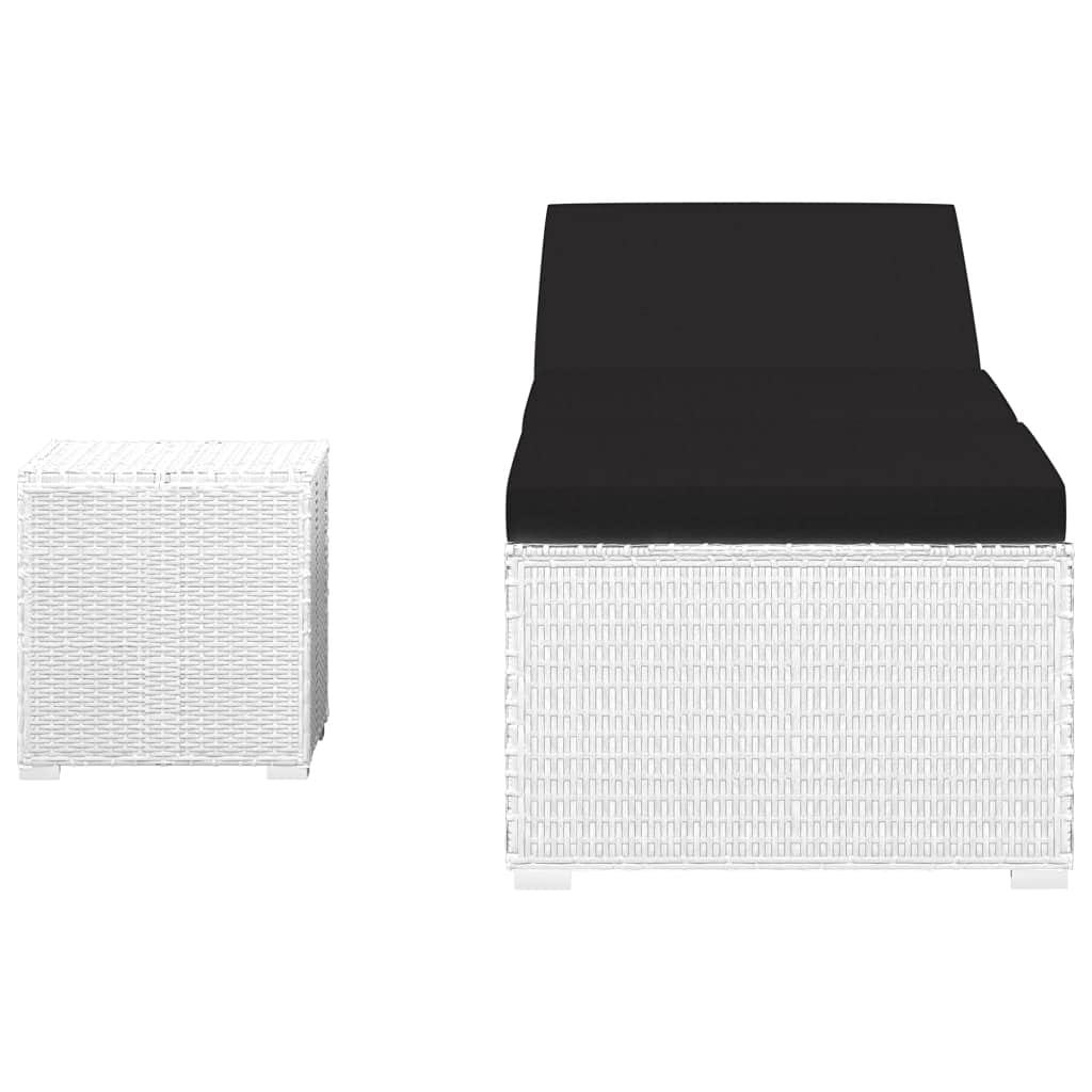 Chaise d'extérieur - Chaise longue de camping - Chaise longue de plage - Chaise longue avec coussin et table basse - En polyrotin - Blanc - Pour patio, plage, terrasse, piscine
