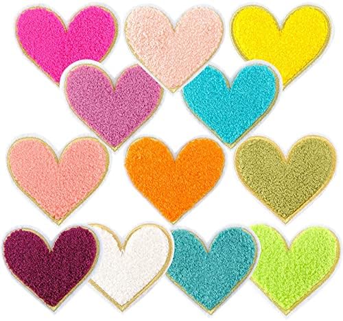 12Pcs Colorful Love Heart Iron on Patches,Sew on Embroidered Patches,Cute Embroidery Chenille Patches Cloth Patch Appliques for DIY Craft Fabric,Jackets,Clothing Shirts Jeans Repair(2.8inchx3inch)