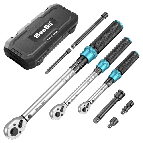 Seesii Torque Wrench Set: 1/4 3/8 1/2-inch Drive Click Torque Wrench, 10-160in.lb, 10-45ft.lb, 10-220ft.lb with Adapters, ±3% Accuracy, 72-Tooth Dual-Scale for Bike Moto Car Maintenance