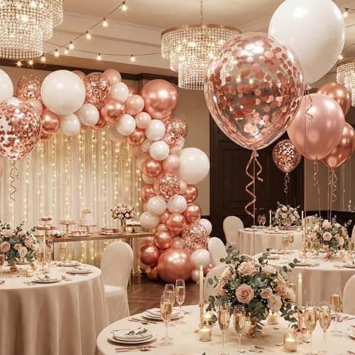 Image of Hiquaty Rose Gold Balloons,60pcs Rose Gold and White Balloons 12 Inch,Rose Gold Ribbon for New Year Wedding Bridal Shower Party Decorations