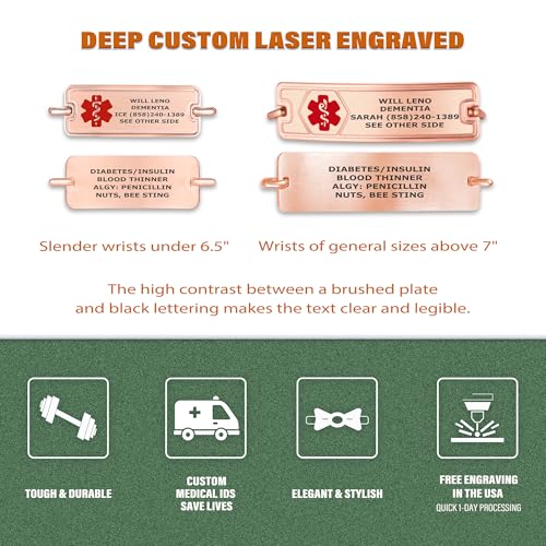 Divoti Custom Engraved Medical ID Alert Bracelet, 4-Line Personalized Conditions | 5.5-9\" Stainless Steel Rope Chain with Secure Lobster Claw/SS-RE/Large:8.0-9.0\"