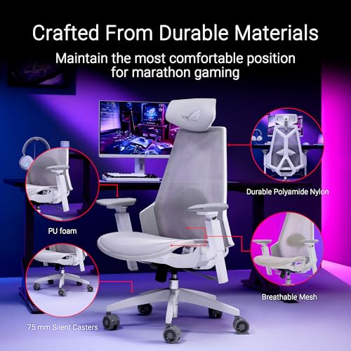 ROG Destrier Core - Sedia da gaming ergonomica, poggiatesta 2D, supporto lombare, braccioli 3D per gaming mobile, profondità e altezza regolabili, reclinabile in 3 posizioni, bianco lunare - Sedia gaming - Immagine 4