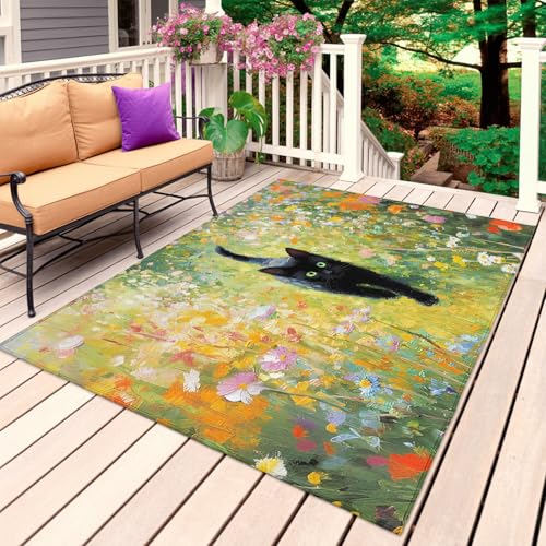 Black Cat Outdoor Patio Rug 5x7ft Non-Slip Deck & Porch Mat