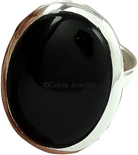 Black Onyx Natural Gemstone Womens Ring, Solitaire Ring, Statement Promise Ring, Purposal Ring, Black Stone Cabochon Oval Ring, Delicate Gifts For Women, Mothers Day Gifts (Black Onyx)