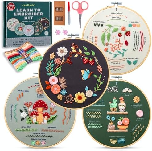 Craftwiz 4-Piece Starter Embroidery Kit for Beginners with Simple Patterns, Learn to Embroider 31 Stitches with Hand Embroidery Kit