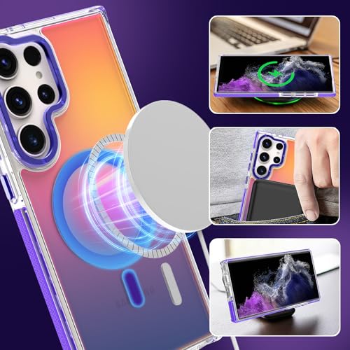 Image of Magnetic Case for Samsung Galaxy S22 Ultra [Compatible with Magsafe] [Cute Fashion Fluorescent Design] [1 Screen Protector] Slim Translucent Matte Case for Galaxy S22 Ultra 6.8 inch, Purple