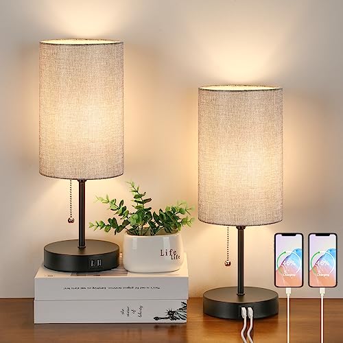 Lakumu Modern Table Lamps Set of 2, Grey Fabric Shade