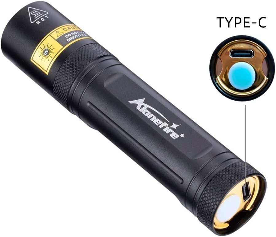 Close-up of the ALONEFIRE SV77 UV Flashlight's USB-C charging port