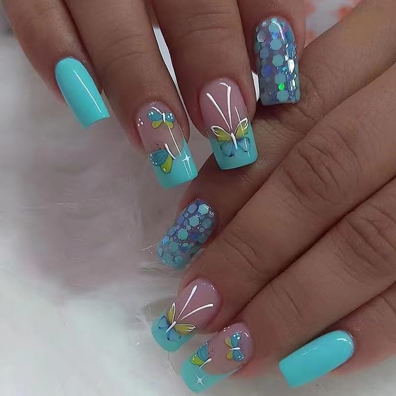 Lindas uñas postizas cuadradas de longitud media con purpurina brillante con diseños de diamantes de imitación 3D, lindas uñas postizas kawaii 24
