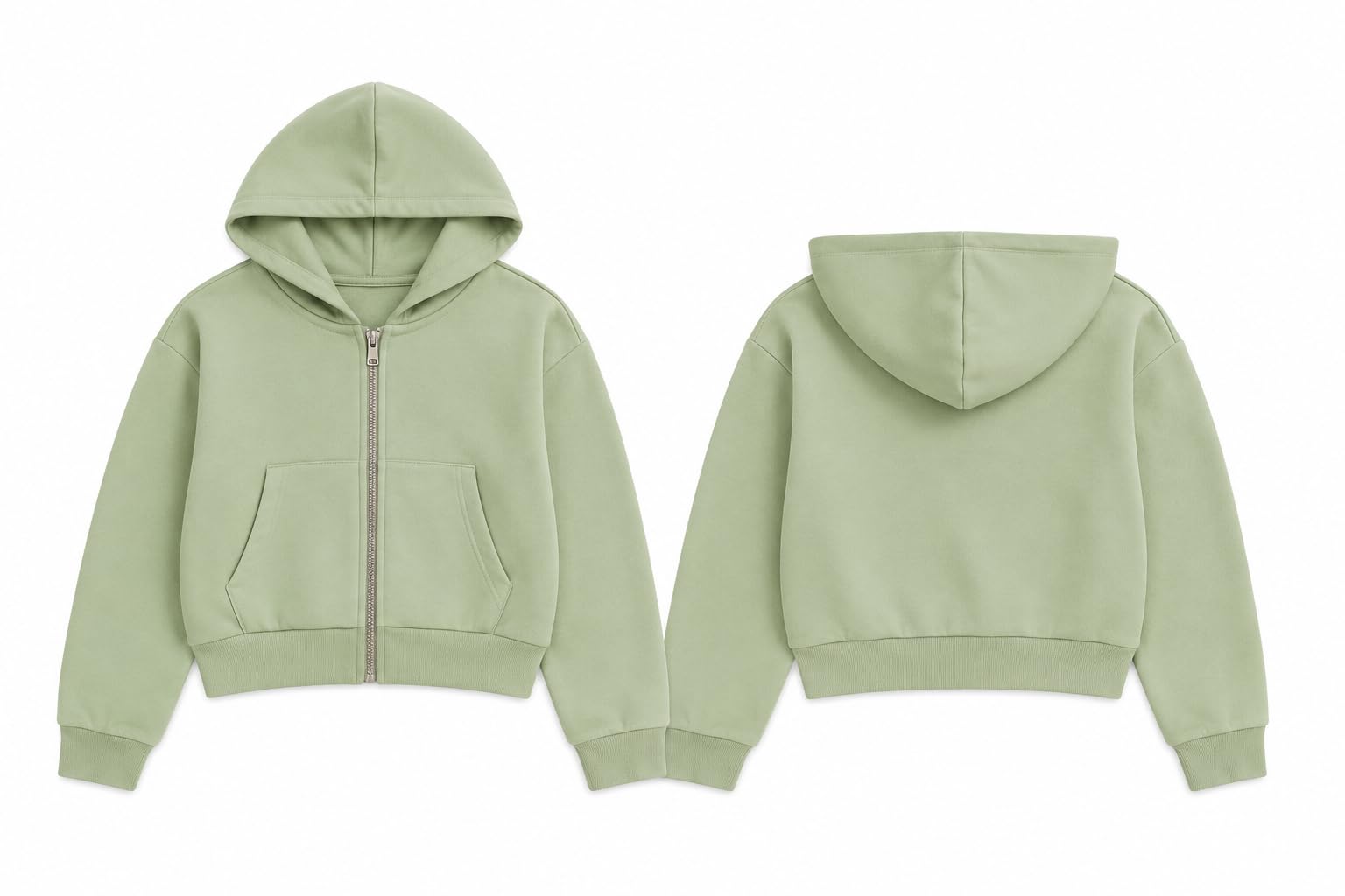 Girls Cropped Zip-Up Hoodie with Kangaroo Pocket, Sage Green-picture-38