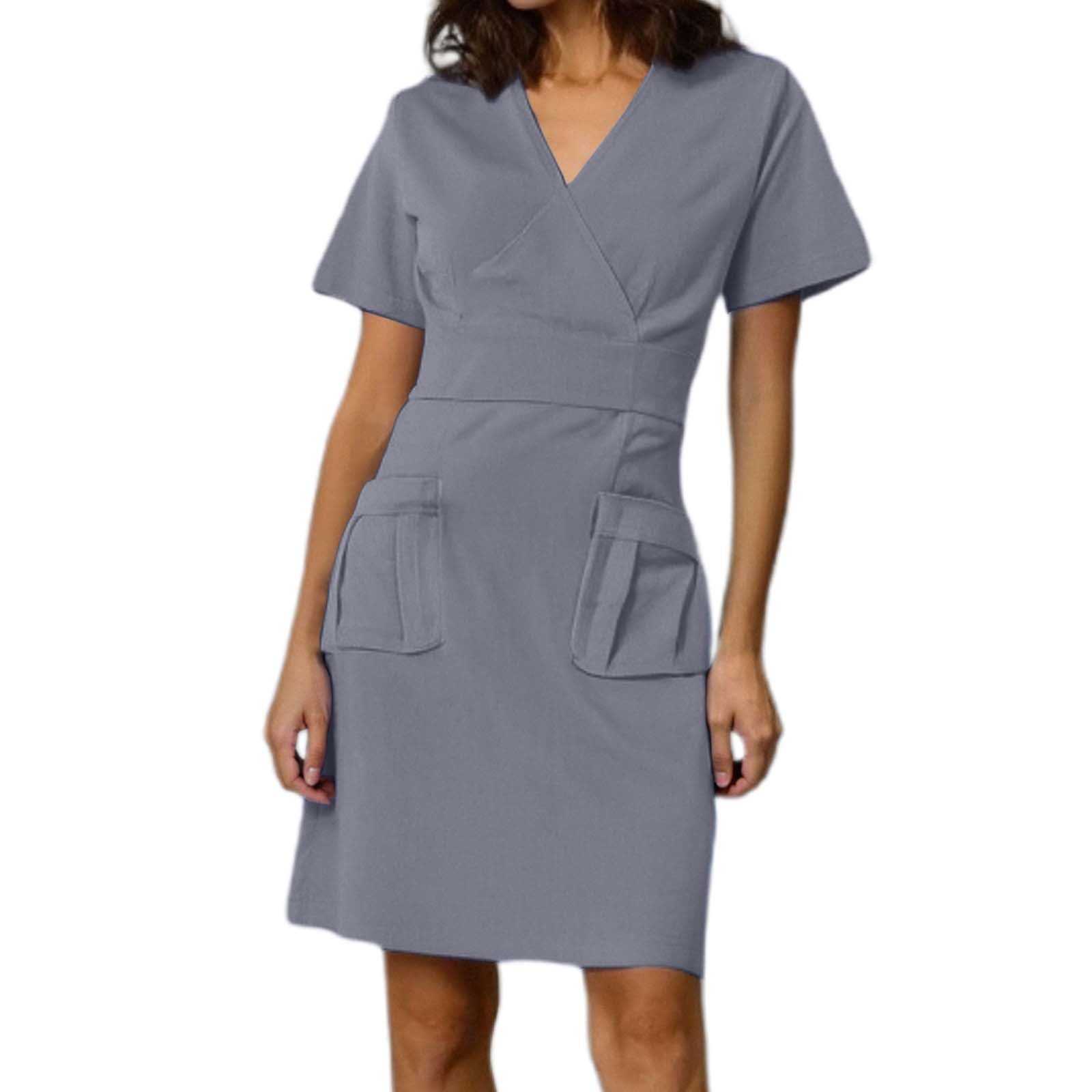 Scrubs for Women Short Sleeve Nurse Working Uniform V Neck Wrap Dress with Pocket Nursing Scrubs Holiday Workwear