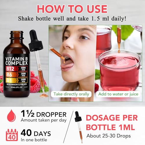 YLXYZUAD Vitamin B Complex Liquid Drops - Vitamin B12 5000mcg | B1, B3, B6, B9 | Niacin & Folate | 60ml (2 Fl Oz) — view 4