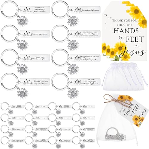 Sureio 24 Sets Christian Gift Bulk Sunflower Keychains with Thank You Bag for Church Volunteer Appreciation Gifts