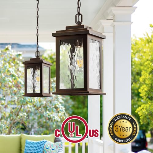 Image of Gleamz Dusk to Dawn Outdoor Pendant Light with Adjustable Chain, Bronze | Oil Rubbed Bronze(Gold Trim), Aluminum Hanging Porch Light , Outdoor Chandelier for Porch, Driveway, Patio, Easy Installation