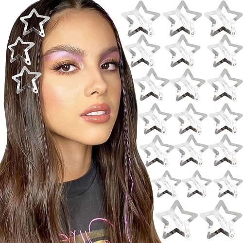 NAISKA 20PCS Silver Star Hair Clips 2000s Y2K Style Hair Claw Clips Metal Non-Slip Snap Clips and Barrettes Star Hair Accessories for Girls and Women