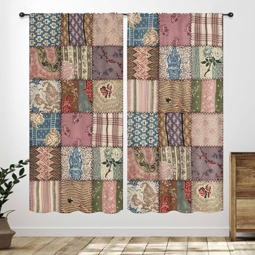 Patchwork Curtains,Vintage Bohemian Paisley Stitching Floral Curtainm,Retro Farmhouse Cottage Rustic