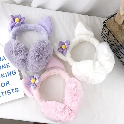 Lolita Winter Fox Ear Muffs For Women Girls Cute Cat Ear Faux Fur Ear Warmer Catwomen Outdoor Foldable Earmuff Party Costume Gift (Fox Ear With Flower, Purple) #TOP1