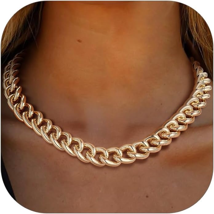 Chunky Gold Necklace for Women, 14K Gold Cuban Chain with Oval Spring Ring, 13MM/16MM/23MM 14K Gold Plated Womens Gold Chain Necklace Hip Pop Trendy Jewlry Gifts