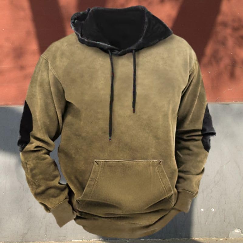 Vintage Color Block Patchwork Hoodies for Men Casual Long Sleeve Elbow Patches Hooded Sweatshirt with Pocket3