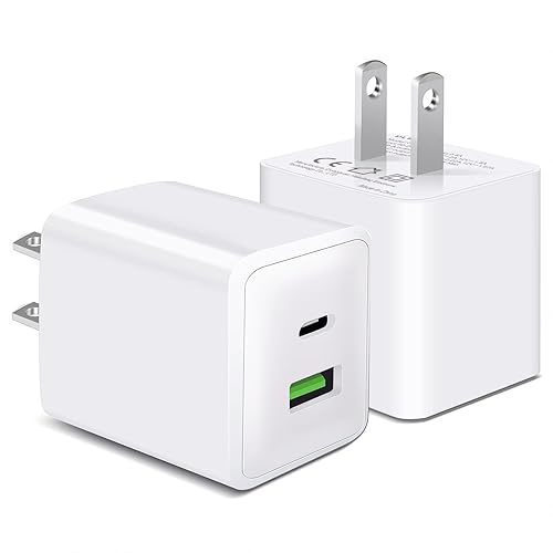 2 Pack USB C Wall Charger, PLSFLICK 20W Dual Port Power Delivery Fast Type C Charging Block Plug Adapterfor iPhone 14 13 12 Pro Max Mini XR XS SE,