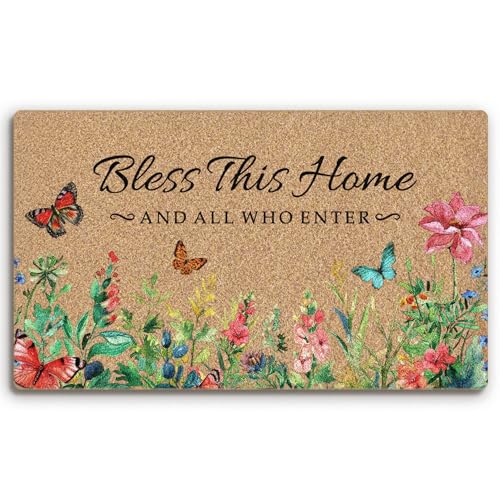 BitKAM Christian Floral Coco Coir Doormat Door Welcome Mat for Home Entrance Front Door God Bless This Home Bible Verse Wildflower Floor Mats for Outdoor Outside Entryway 30X17 Inch