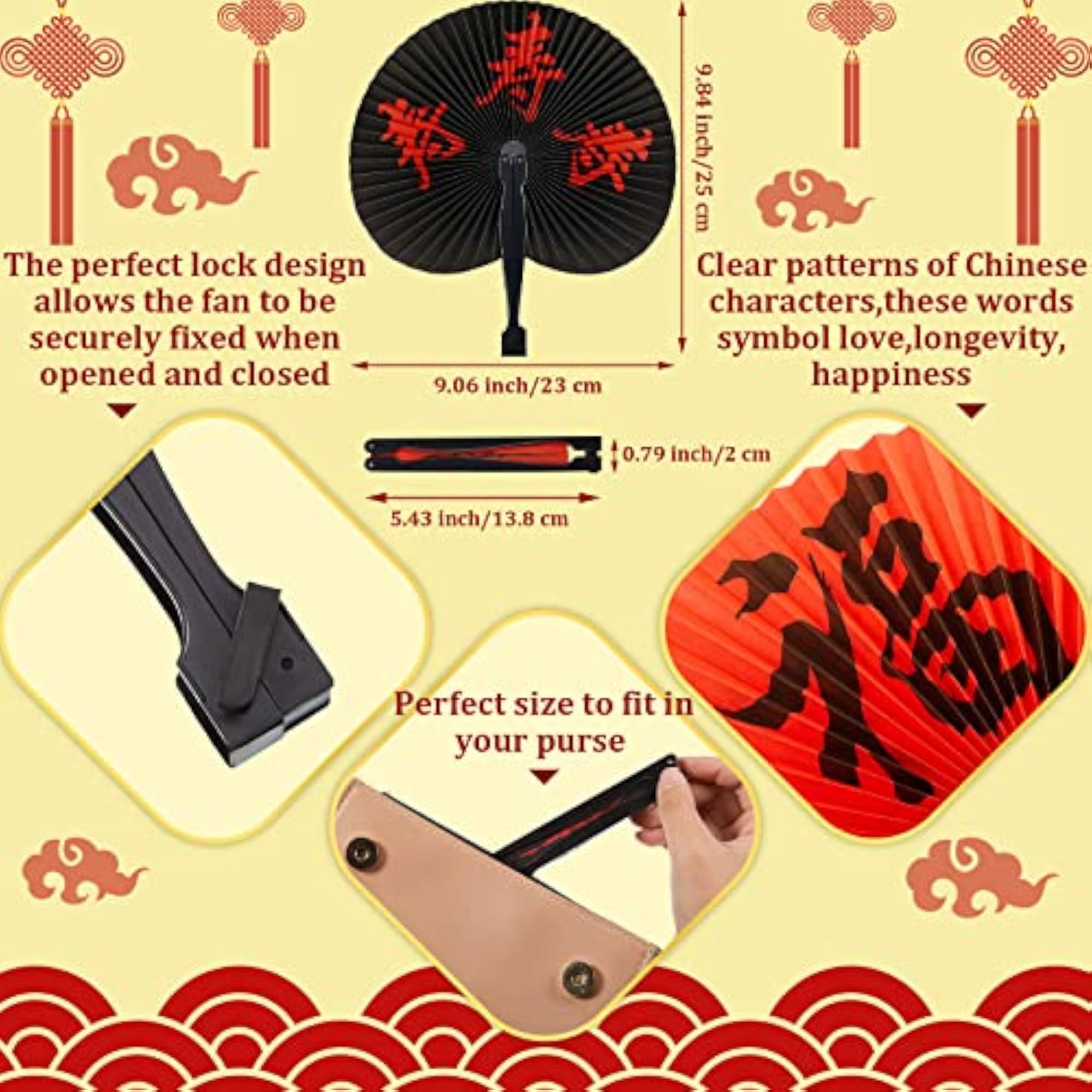 Chinese Character Folding Paper Fans, Assorted