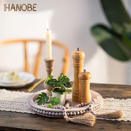 Hanobe Round Wooden Bead Tray: Coffee Table Tray With Wood Beaded Garland Decor Set Pinkish Whitewashed Decorative Tray For Counter Farmhouse Centerpiece Rustic Distressed Candle Holder #TOP1