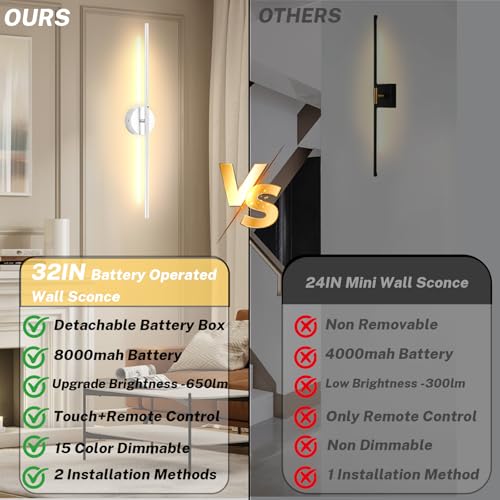 Image of 8000mah Detachable Battery Operated Wall Sconces Set of two, 32 Inch Rechargeable Wall Sconce With Remote & Touch, RGB 15 Colors Dimmable Wireless lamp for Bedroom, Living Room, Hallway Decor, Silver