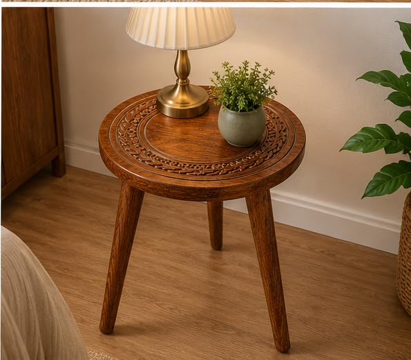 Image of Wood Round Side Table Coffee Table for Living Room | Wooden End Table with Decorative Wooden Plant Stand & Stool for Living Room, Balcony,& Bedroom Accent Table | Brown (Brown)