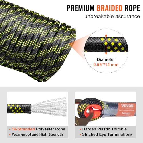 VEVOR Vertical Lifeline Assembly, 0.55'' x 50' Fall Protection Rope with 30 KN Breaking Tension, Polyester Roofing Rope with Steel Snap Hooks, Rope Grab, and Shock Absorber, ANSI Compliant by VEVOR - Image 4